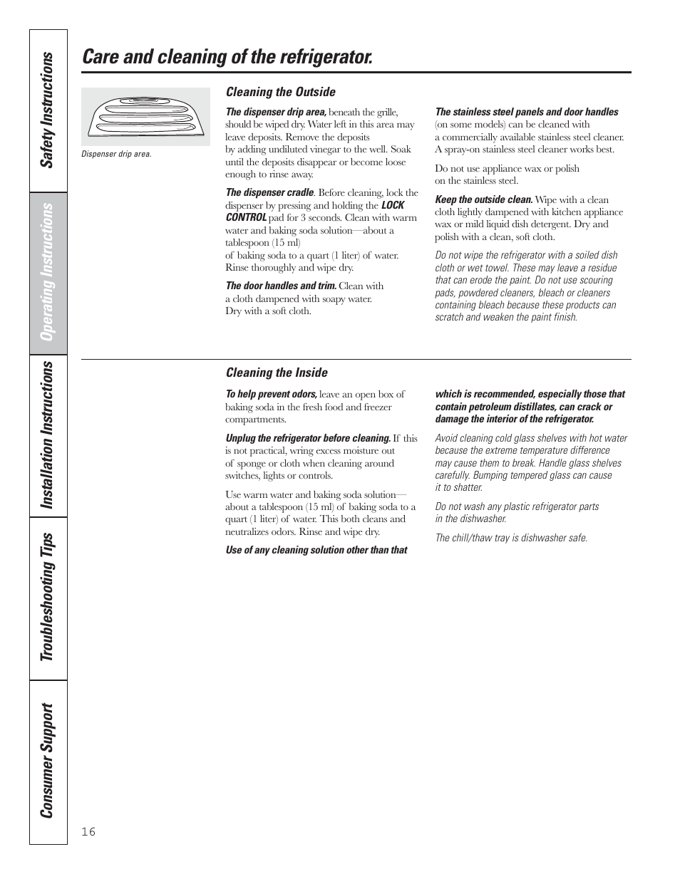 Care and cleaning, Care and cleaning of the refrigerator | GE 200D8074P043 User Manual | Page 16 / 132