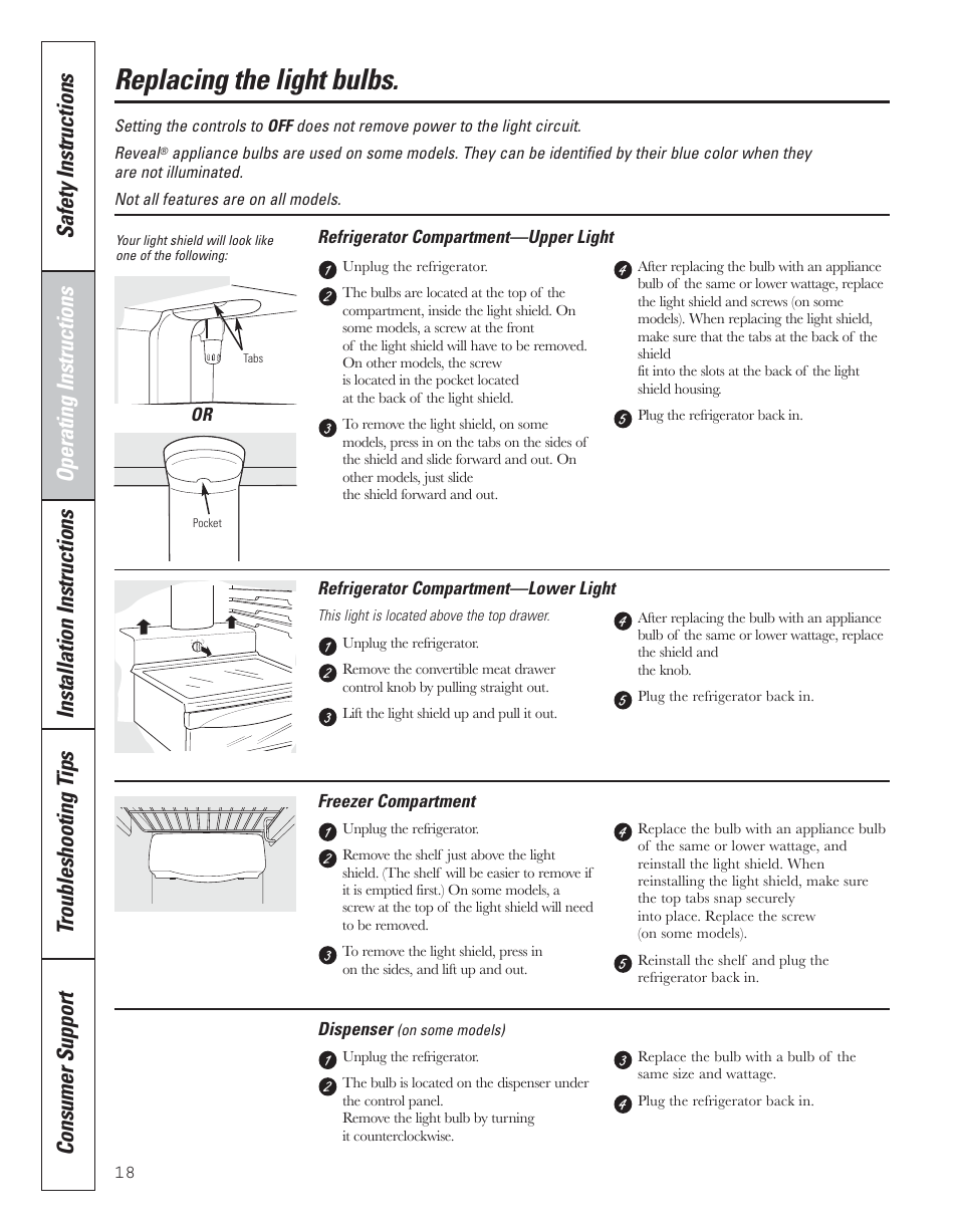 Replacing the light bulbs | GE 200D8074P043 User Manual | Page 18 / 132