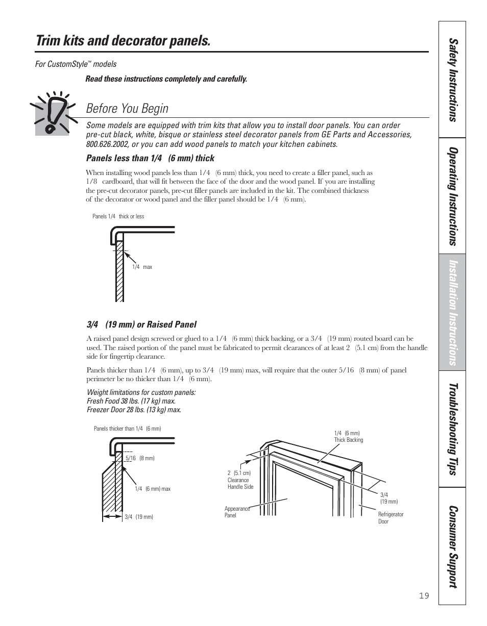 Trim kits and panels, Trim kits and decorator panels, Before you begin | GE 200D8074P043 User Manual | Page 19 / 132