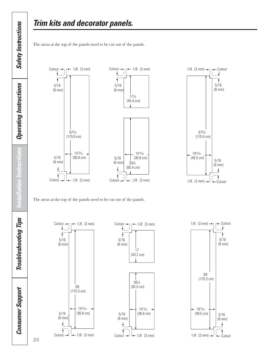 Trim kits and decorator panels, 23‘ dimensions for custom wood panels, 25‘ customstyle | Dimensions for custom wood panels | GE 200D8074P043 User Manual | Page 20 / 132