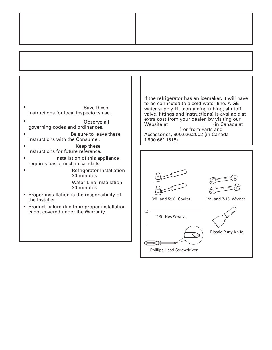 Preparaing to install the refrigrator, Installation refrigerator instructions, Important | GE 200D8074P043 User Manual | Page 23 / 132