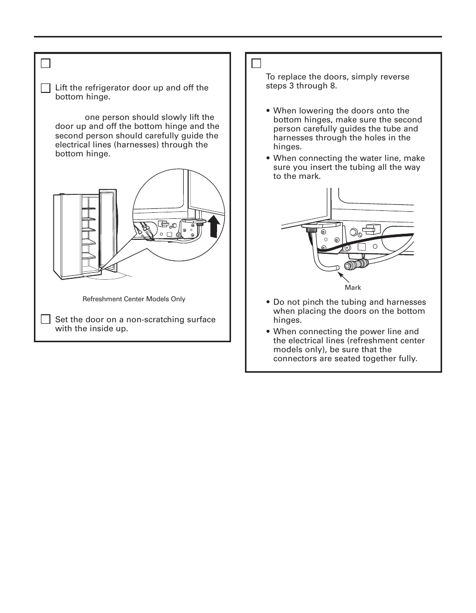 Installation instructions, Remove the refrigerator door (cont.), Replacing the doors | GE 200D8074P043 User Manual | Page 27 / 132