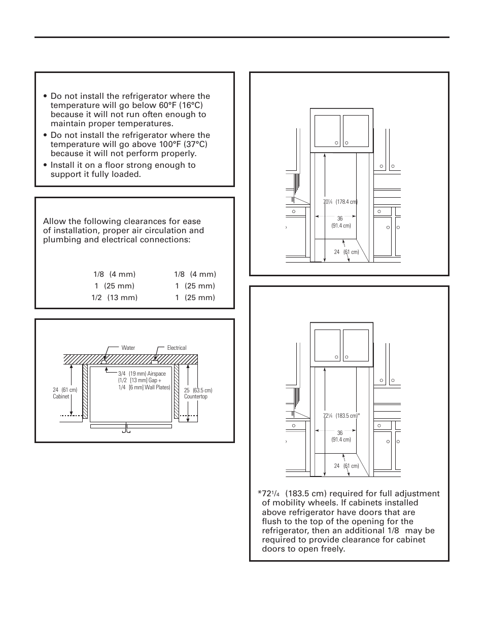 Installation instructions, Installing the refrigerator, Dimensions and specifications (for 23‘ customstyle | Models) dimensions and specifications, Refrigerator location, Clearances, Dimensions and specifications (for 25‘ customstyle, Models) | GE 200D8074P043 User Manual | Page 28 / 132