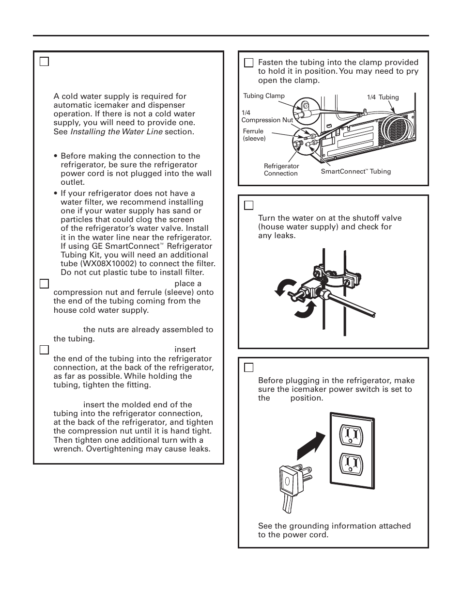 Installation instructions, Turn on the water supply, Plug in the refrigerator | GE 200D8074P043 User Manual | Page 29 / 132