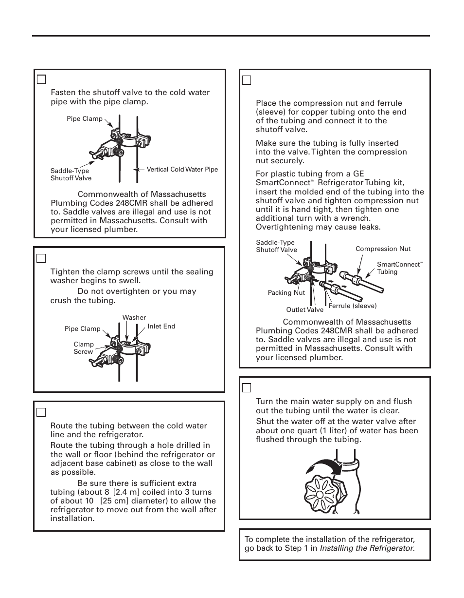 Installing the water line, Installation instructions, Connect the tubing to the valve | Flush out the tubing, Cont.), Fasten the shutoff valve, Tighten the pipe clamp, Route the tubing | GE 200D8074P043 User Manual | Page 34 / 132