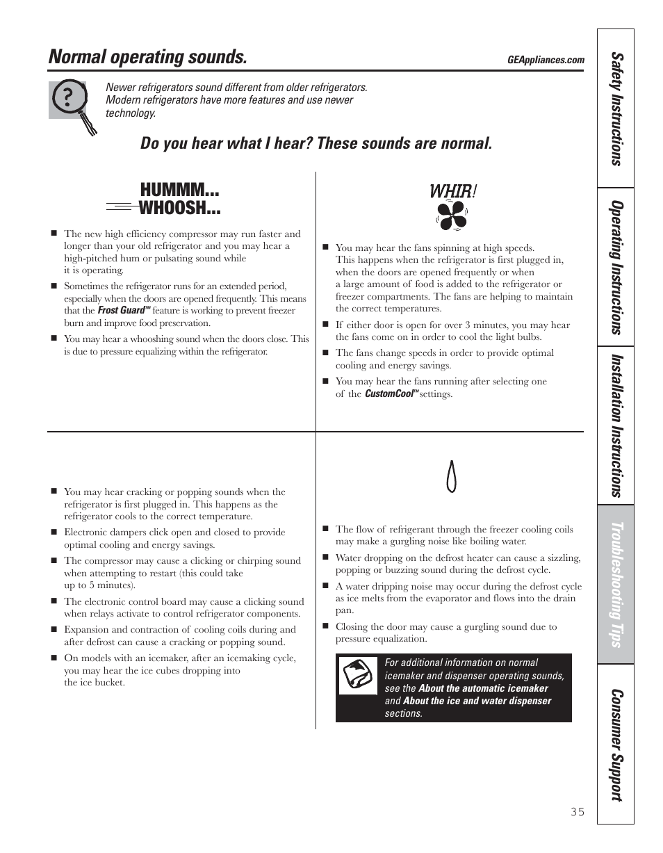 Normal operating sounds, Hummm... whoosh, Clicks, pops, cracks and chirps | Water sounds, Do you hear what i hear? these sounds are normal | GE 200D8074P043 User Manual | Page 35 / 132
