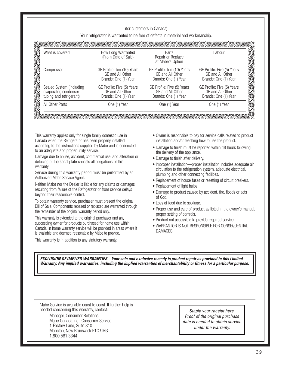 Warranty (canadian), Customer warranty | GE 200D8074P043 User Manual | Page 39 / 132