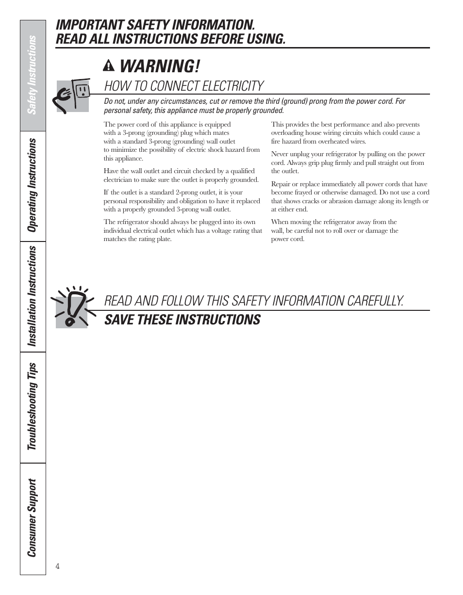 Warning, How to connect electricity | GE 200D8074P043 User Manual | Page 4 / 132