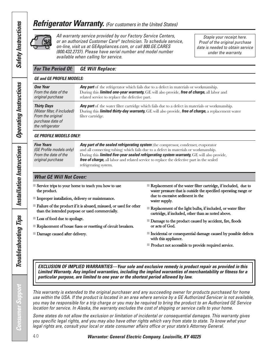 Warranty (u.s.), Refrigerator warranty | GE 200D8074P043 User Manual | Page 40 / 132