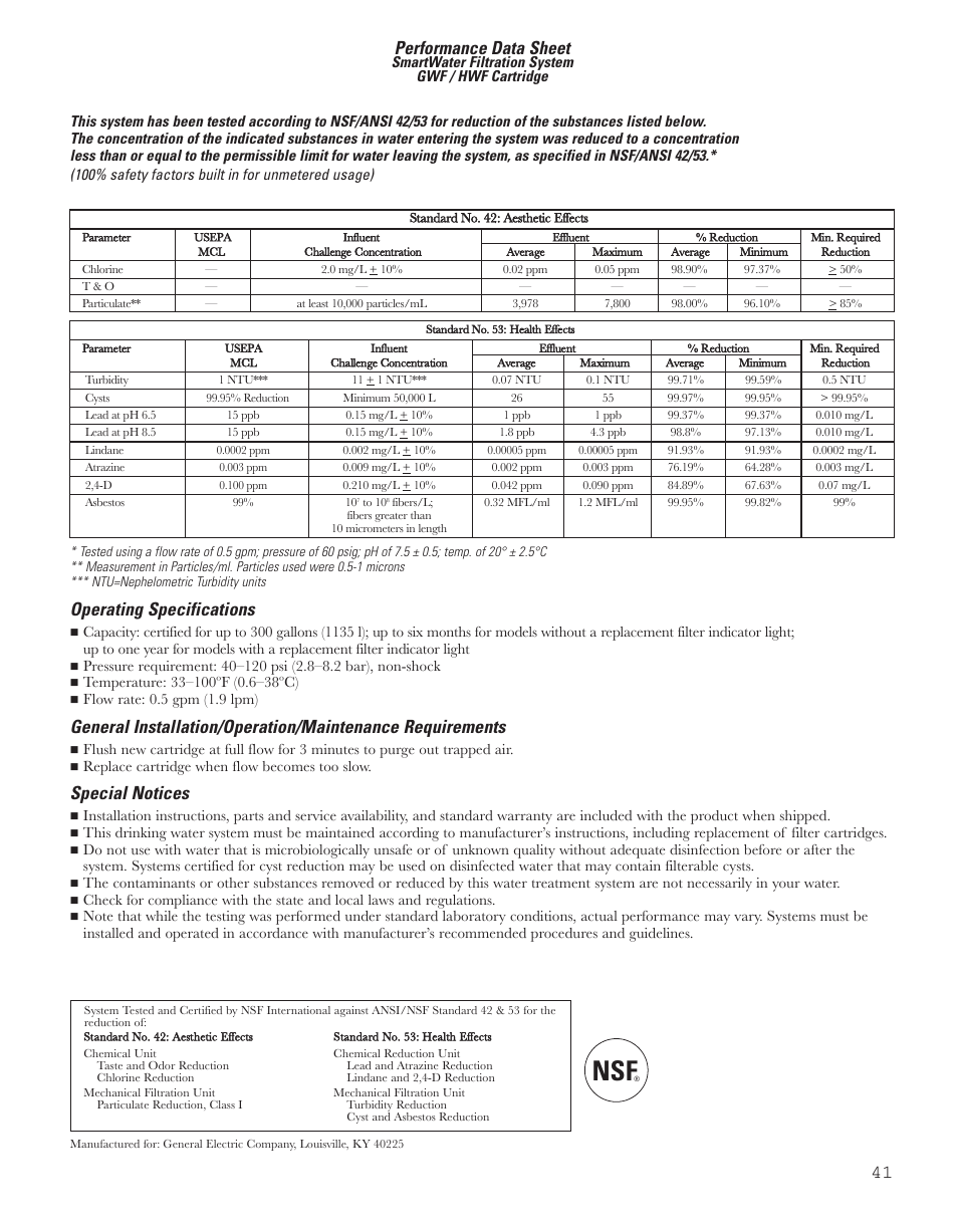 Performance data sheet, Operating specifications, Special notices | GE 200D8074P043 User Manual | Page 41 / 132
