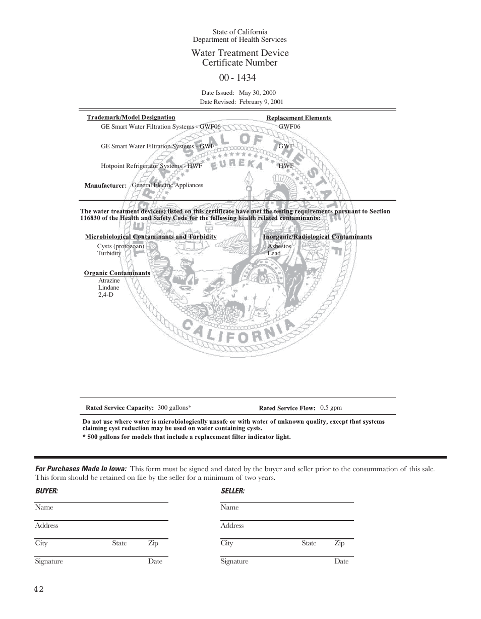Water treatment device certificate number | GE 200D8074P043 User Manual | Page 42 / 132