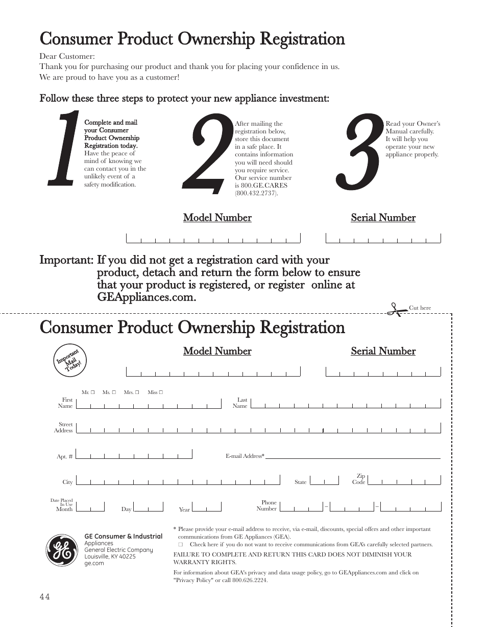 Cconsumer product ownership registration, Consumer product ownership registration, Model number serial number | GE 200D8074P043 User Manual | Page 44 / 132