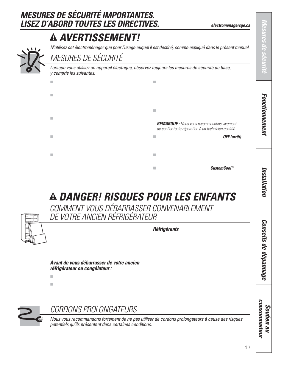 Mesures de sécurité, Avertissement, Danger! risques pour les enfants | Cordons prolongateurs | GE 200D8074P043 User Manual | Page 47 / 132