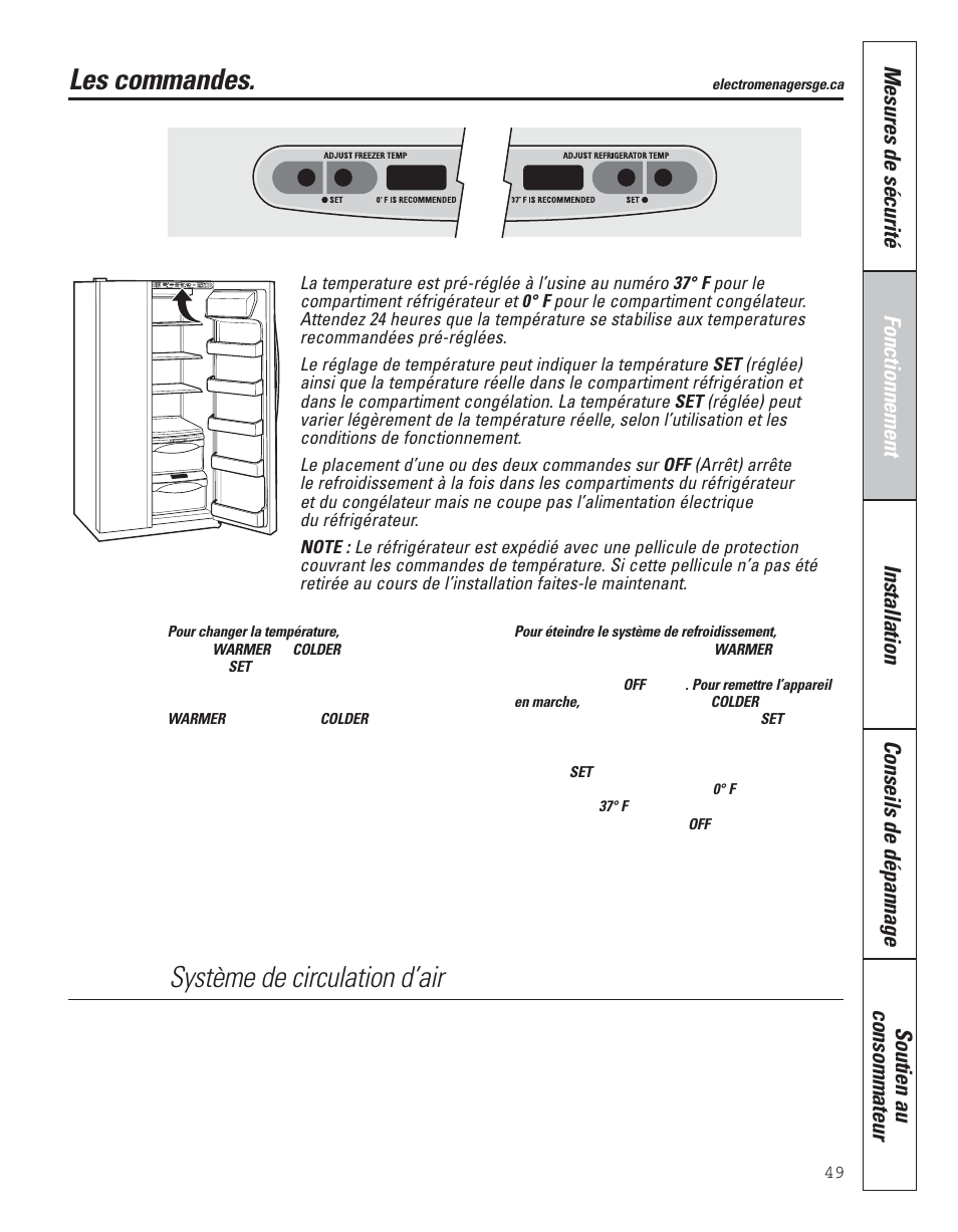 Les commandes, Système de circulation d’air | GE 200D8074P043 User Manual | Page 49 / 132