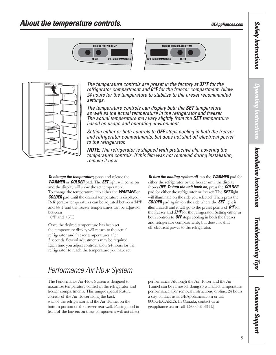 Temperature controls, About the temperature controls, Performance air flow system | GE 200D8074P043 User Manual | Page 5 / 132