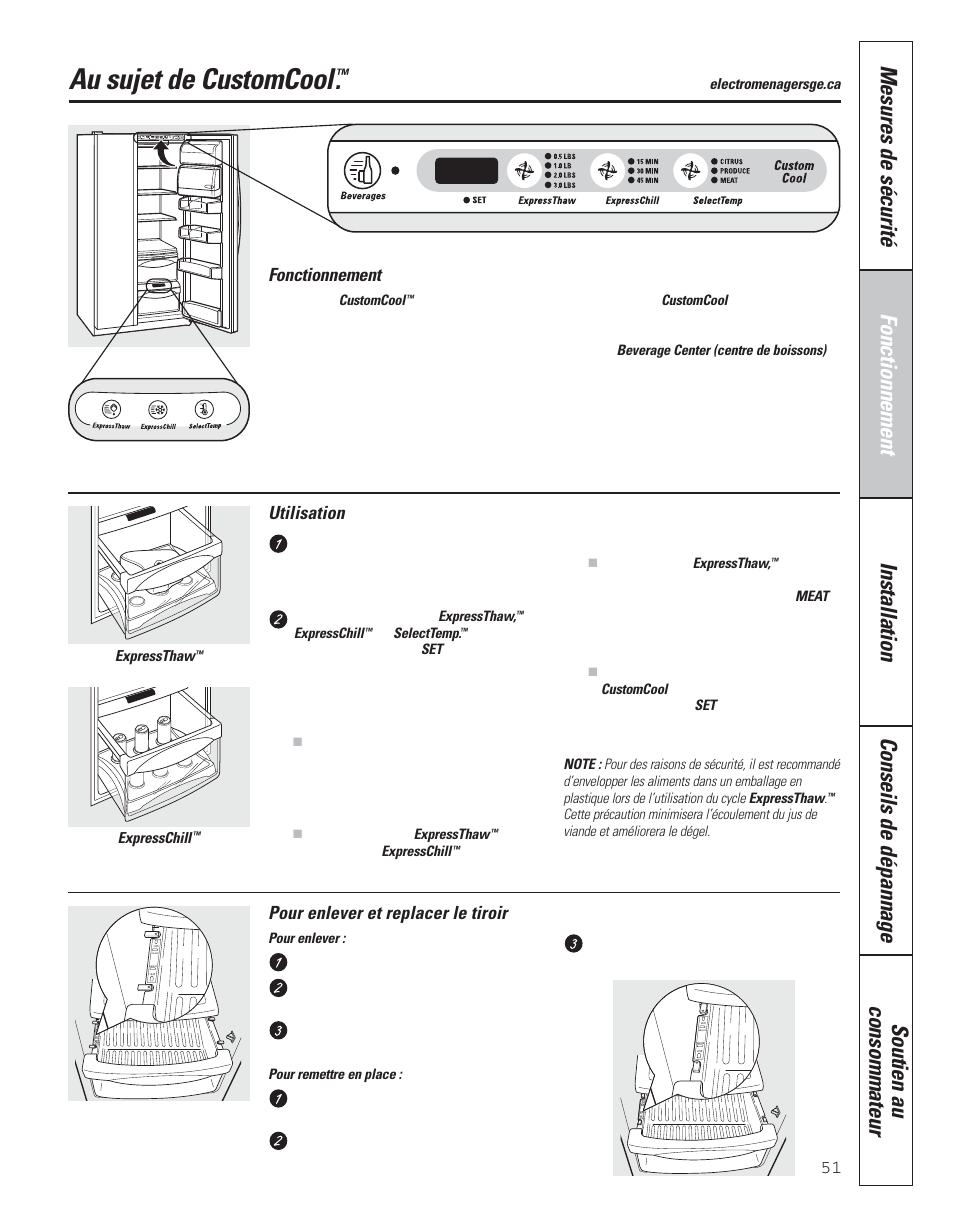 Customcool, Au sujet de customcool, Utilisation fonctionnement | Pour enlever et replacer le tiroir | GE 200D8074P043 User Manual | Page 51 / 132
