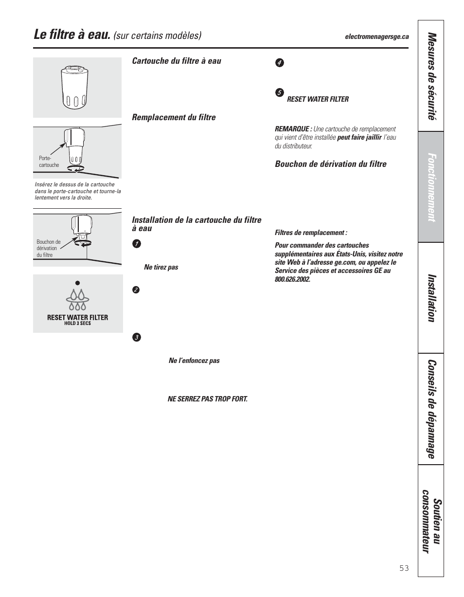 Le filtre à eau, Sur certains modèles) | GE 200D8074P043 User Manual | Page 53 / 132