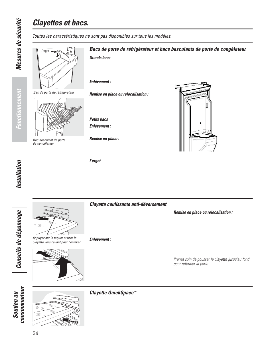 Fonctionnement, Clayettes et bacs | GE 200D8074P043 User Manual | Page 54 / 132
