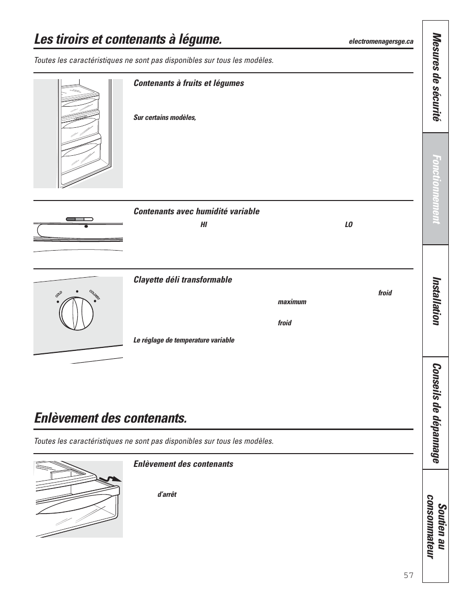 Enlèvement des contenants, Les tiroirs et contenants à légume | GE 200D8074P043 User Manual | Page 57 / 132