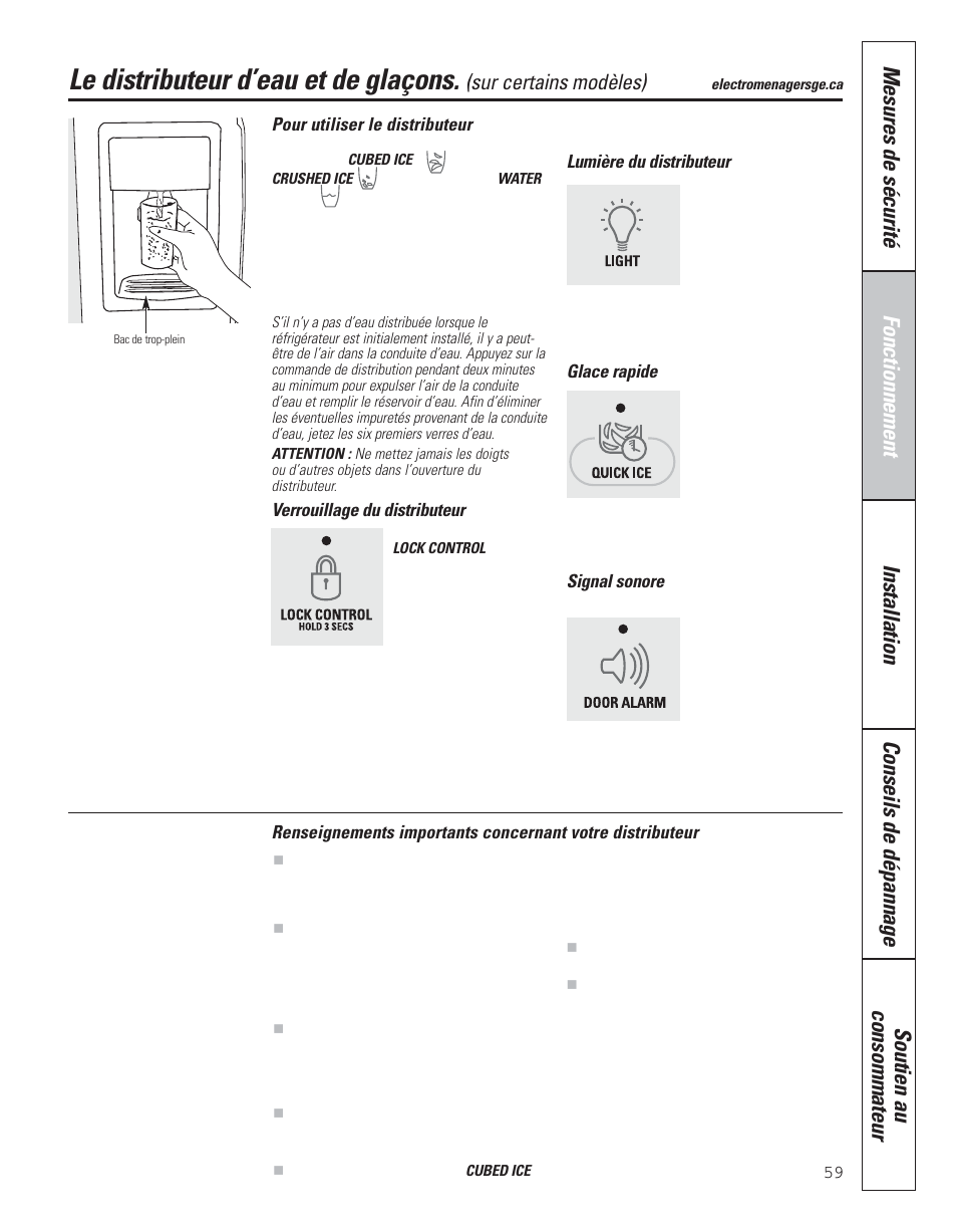 Le distributeur d’eau et de glaçons, Sur certains modèles) | GE 200D8074P043 User Manual | Page 59 / 132