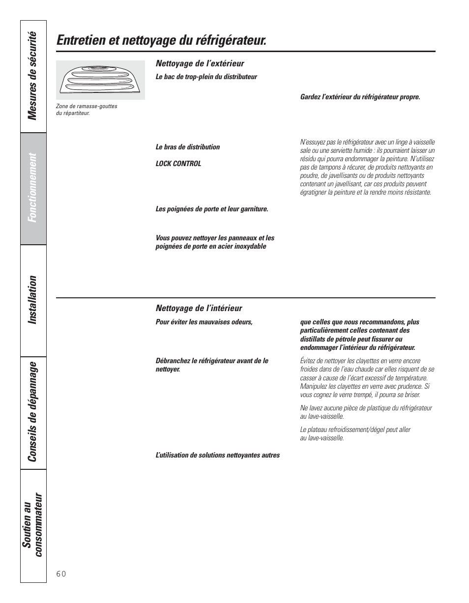 Entretien et nettoyage du réfrigérateur | GE 200D8074P043 User Manual | Page 60 / 132