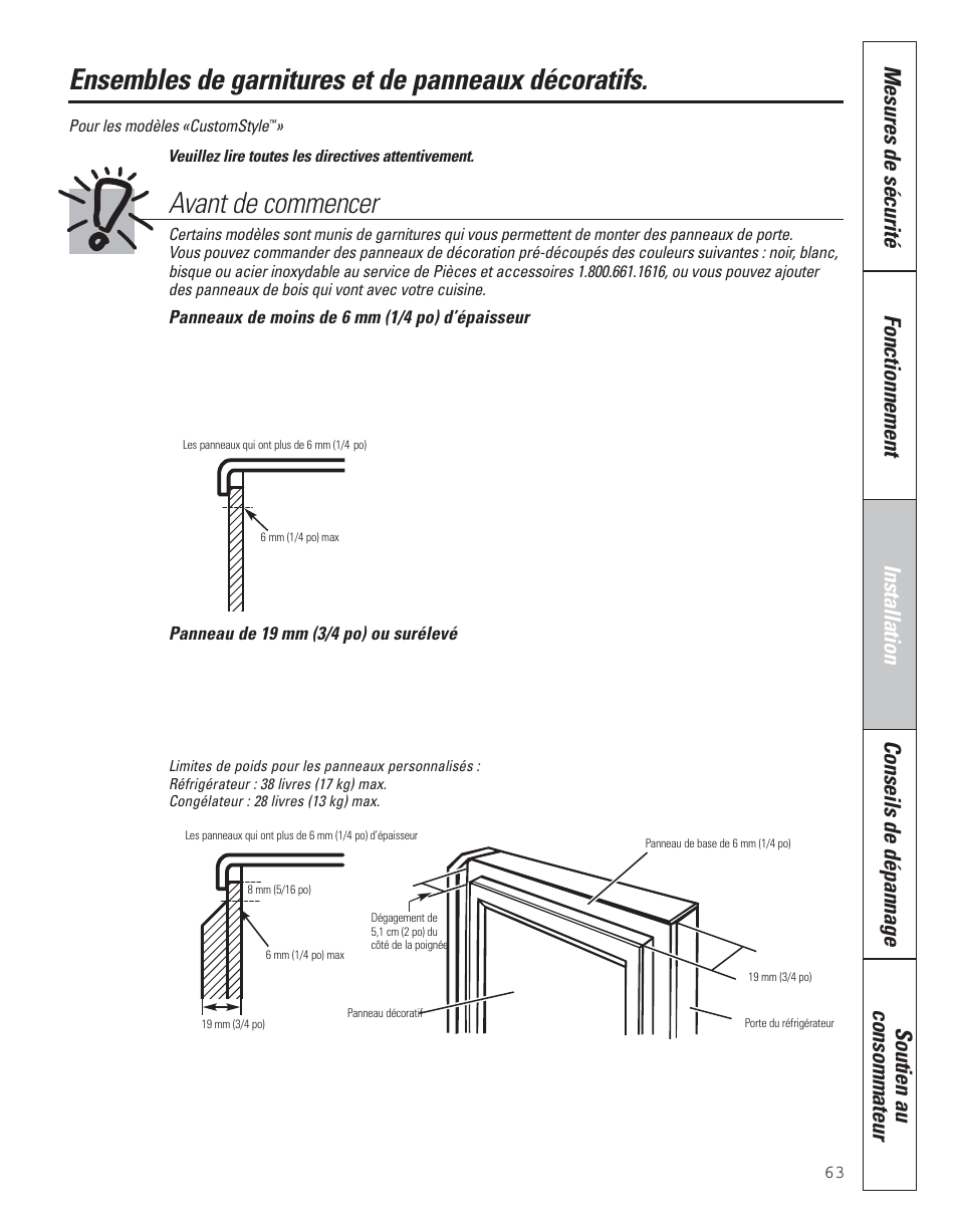 Ensembles de garnitures et de panneaux décoratifs, Avant de commencer | GE 200D8074P043 User Manual | Page 63 / 132