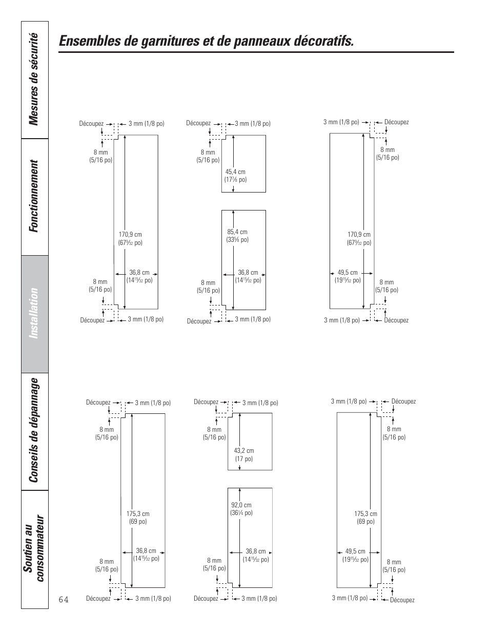 Ensembles de garnitures et de panneaux décoratifs, 25‘ dimensions « customstyle, Pour les panneaux de bois sur mesure | GE 200D8074P043 User Manual | Page 64 / 132