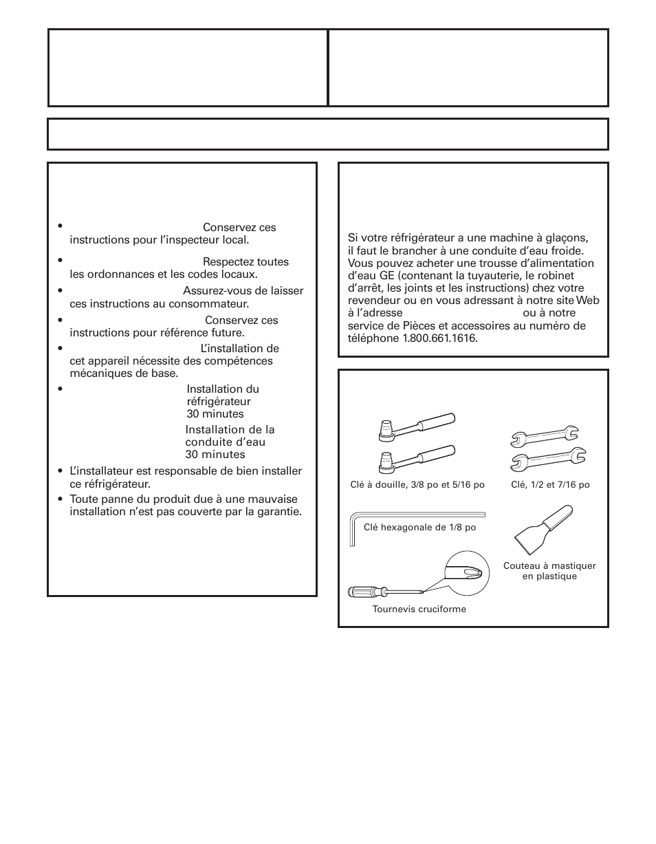 Preparation, Instructions réfrigérateur d’installation, Important | GE 200D8074P043 User Manual | Page 67 / 132