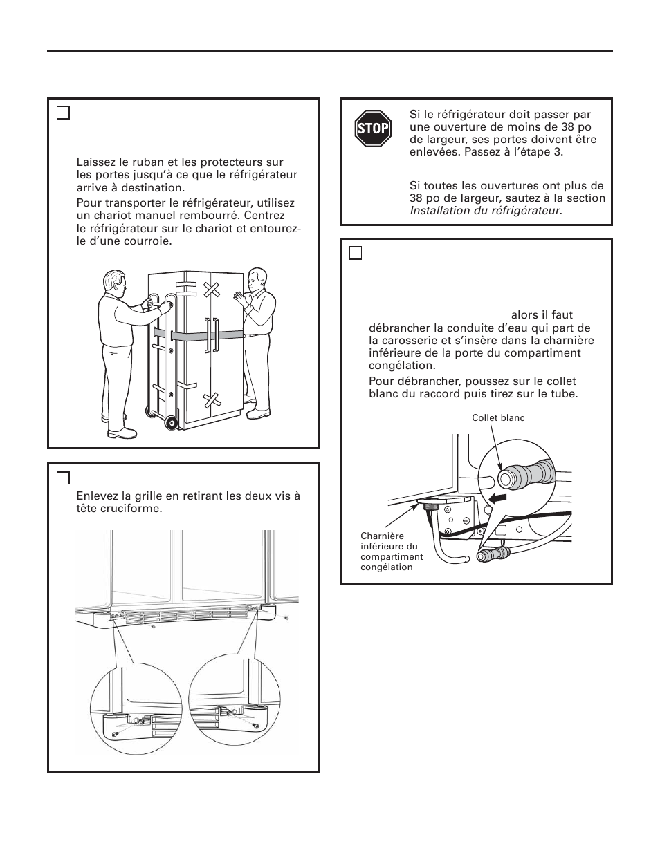 Installation, Déménagement du réfrigérateur, Instructions d’installation | Chargement du réfrigérateur sur un chariot manuel, Enlevez la grille de base | GE 200D8074P043 User Manual | Page 68 / 132