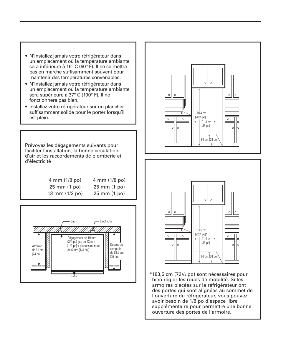 Installation du réfrigérateur, Dimensions et spécifications, Emplacement du réfrigérateur | Dégagements | GE 200D8074P043 User Manual | Page 72 / 132