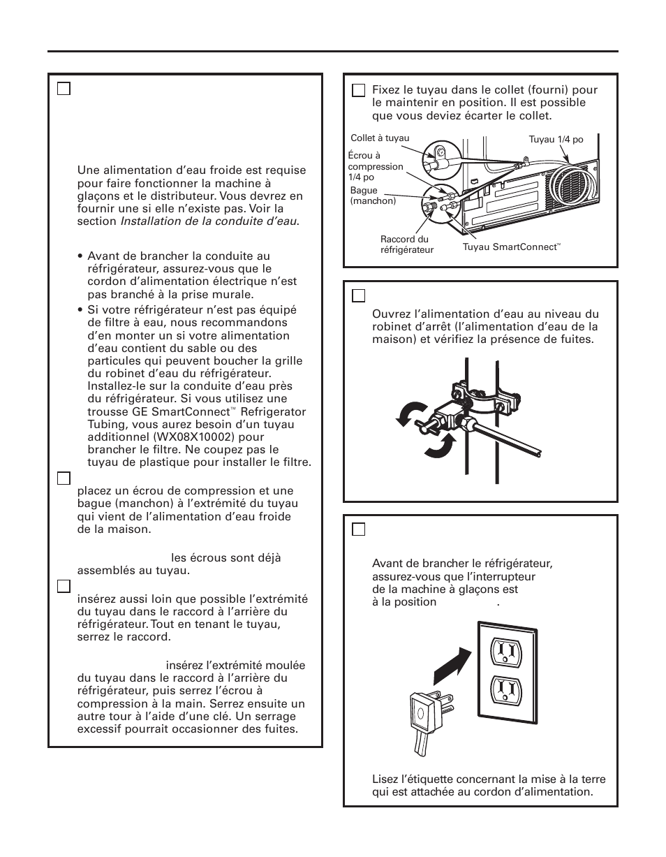 Instructions d’installation, Ouvrez l’alimentation d’eau, Branchez le cordon du réfrigérateur dans la prise | GE 200D8074P043 User Manual | Page 73 / 132