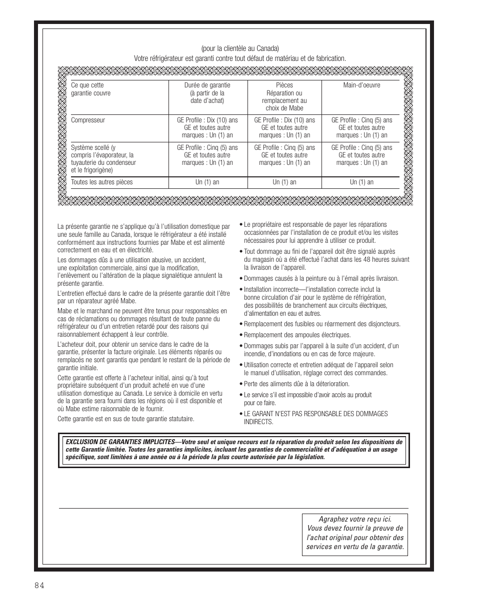 Garantie pour la clientèle au canada, Garantie du client | GE 200D8074P043 User Manual | Page 84 / 132
