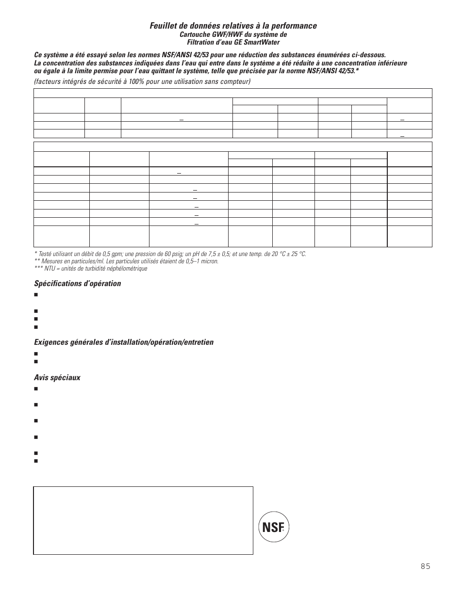 Soutien au consommateur, 85 feuillet de données relatives à la performance, Spécifications d’opération | Avis spéciaux | GE 200D8074P043 User Manual | Page 85 / 132