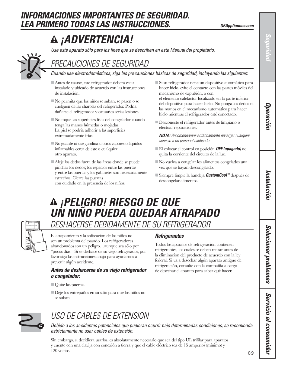 Informacion de seguridad, Advertencia, Precauciones de seguridad | Deshacerse debidamente de su refrigerador, Uso de cables de extension | GE 200D8074P043 User Manual | Page 89 / 132