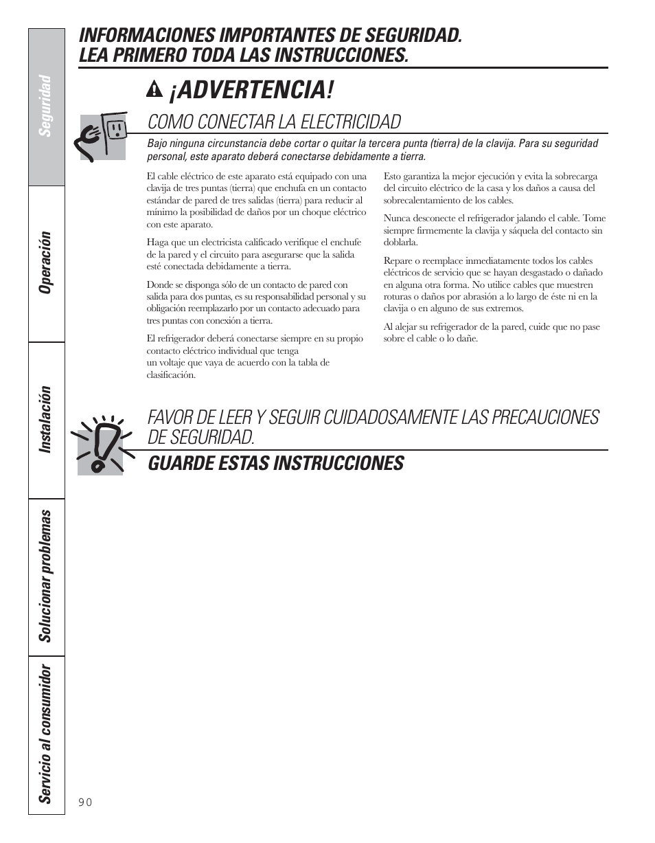 Advertencia, Como conectar la electricidad | GE 200D8074P043 User Manual | Page 90 / 132