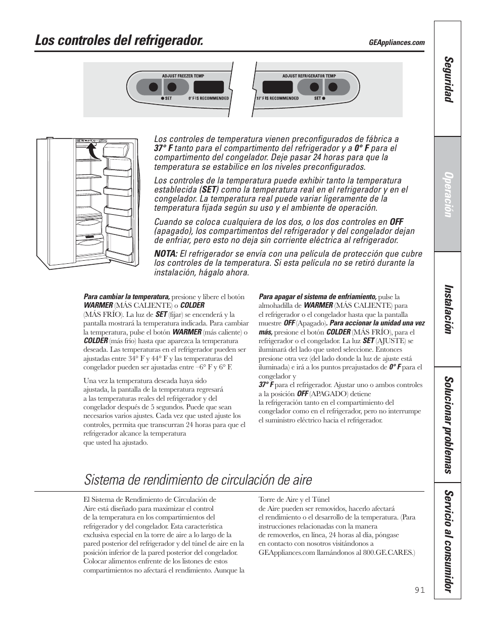 Los controles del refrigerador, Sistema de rendimiento de circulación de aire | GE 200D8074P043 User Manual | Page 91 / 132
