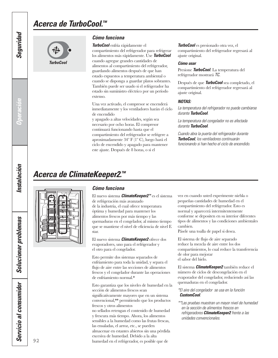 Turbocool, Acerca de turbocool, Acerca de climatekeeper2 | GE 200D8074P043 User Manual | Page 92 / 132