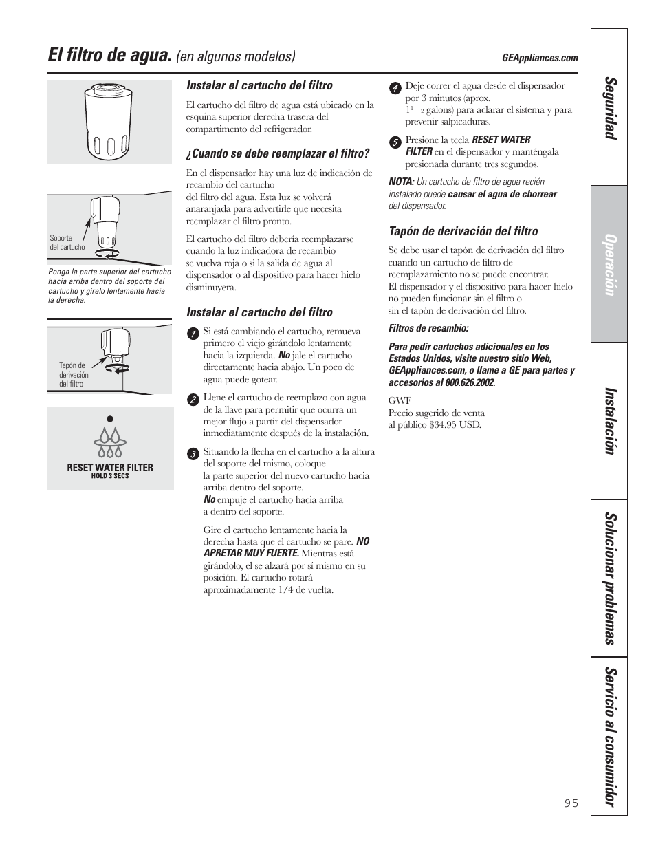 El filtro de agua, En algunos modelos) | GE 200D8074P043 User Manual | Page 95 / 132