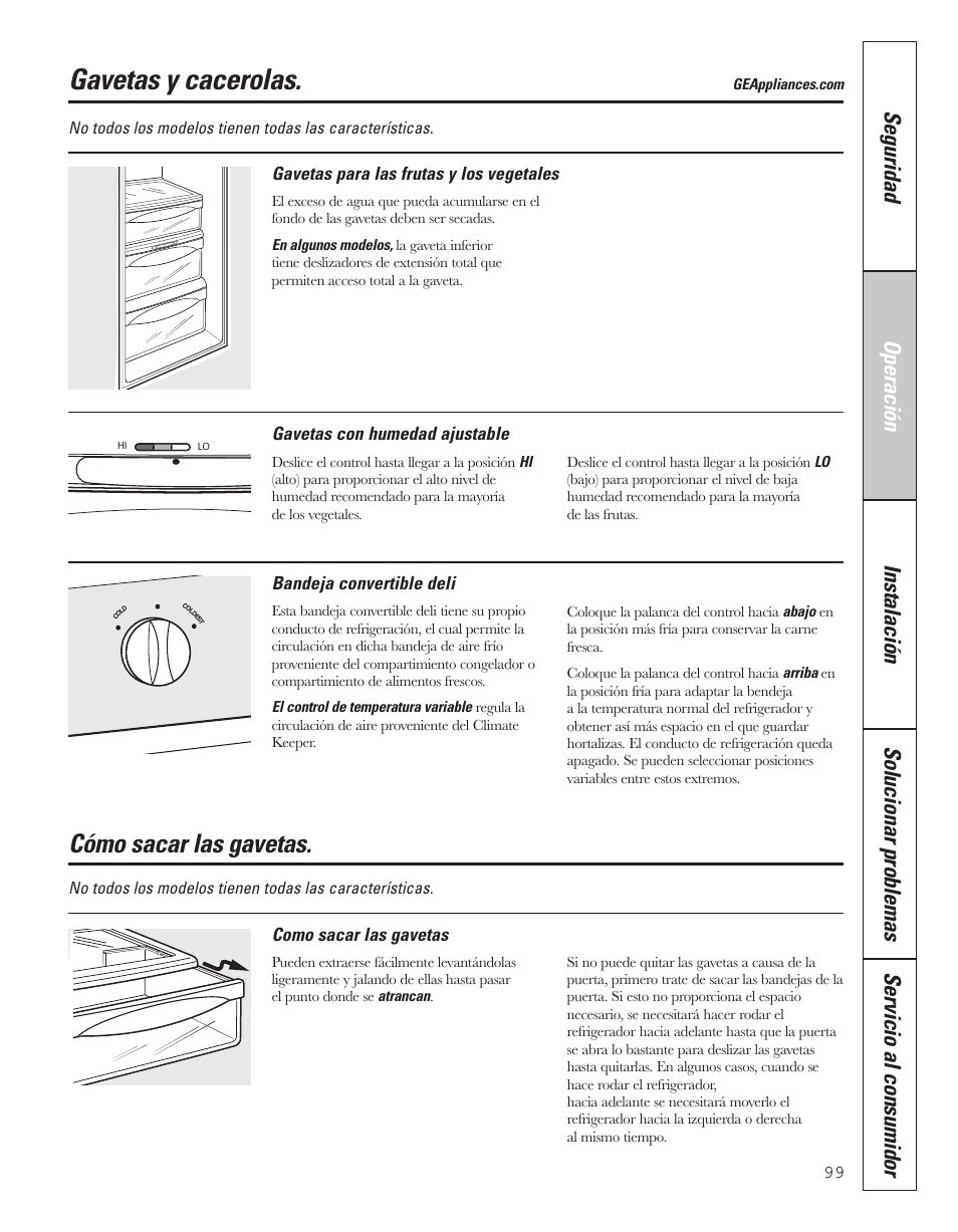 Instrucciones de operación, Cómo sacar las gavetas, Gavetas y cacerolas | GE 200D8074P043 User Manual | Page 99 / 132