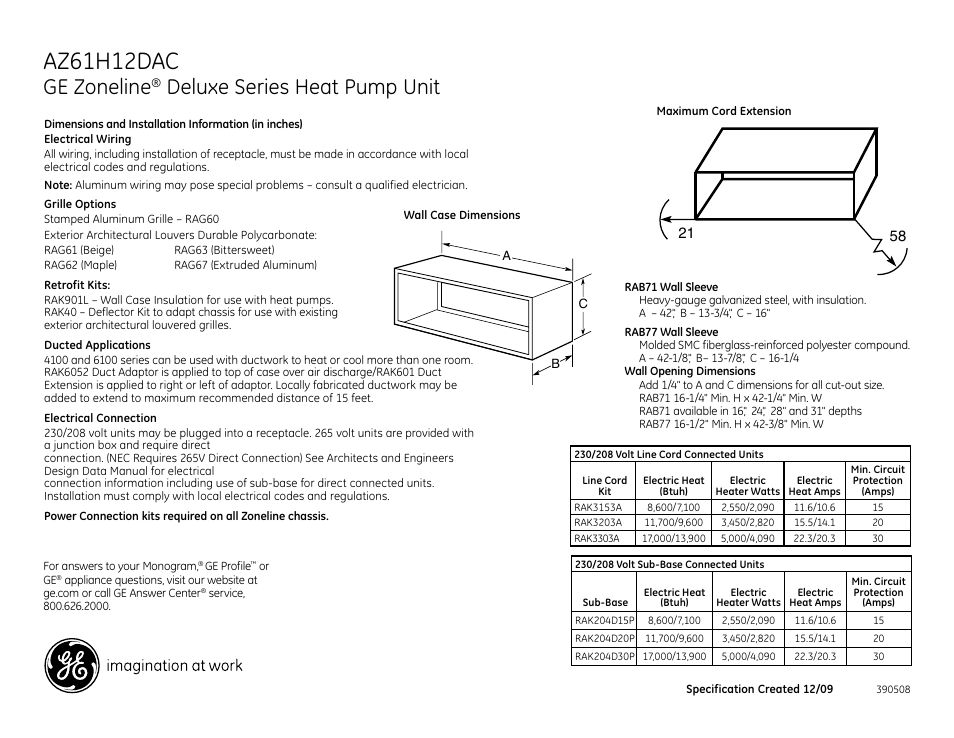 GE Zoneline AZ61H12DAC User Manual | 2 pages