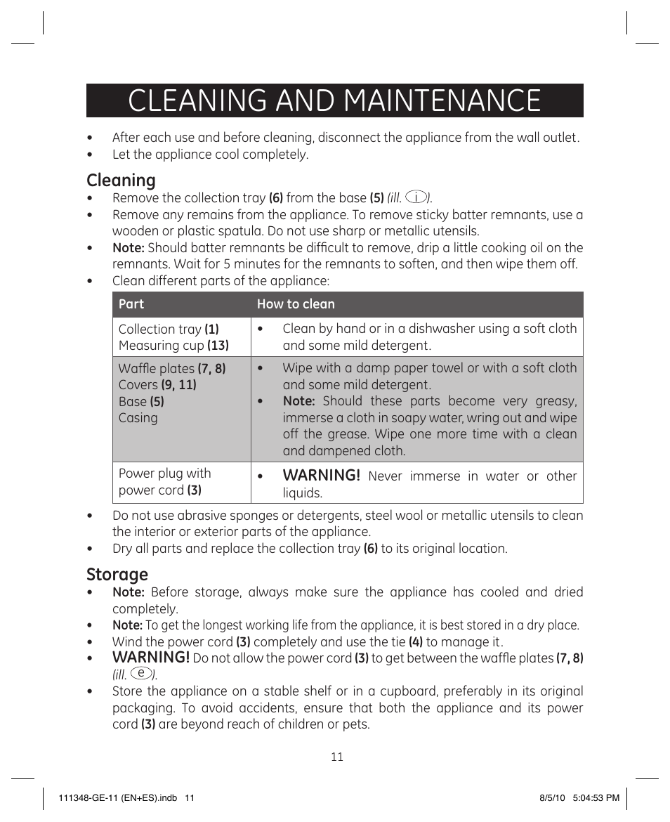 Cleaning and maintenance, Cleaning, Storage | Warning | GE 898678 User Manual | Page 11 / 13