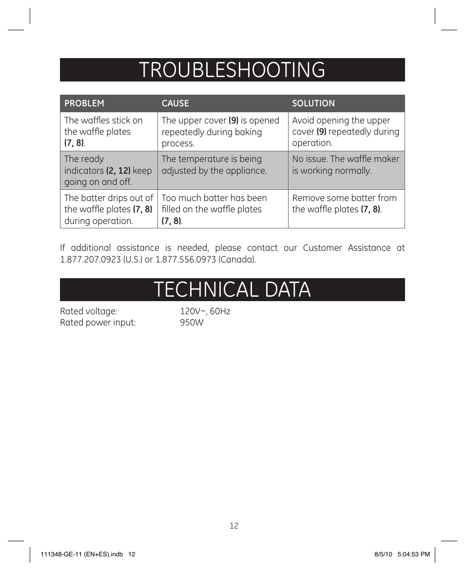 Troubleshooting, Technical data | GE 898678 User Manual | Page 12 / 13