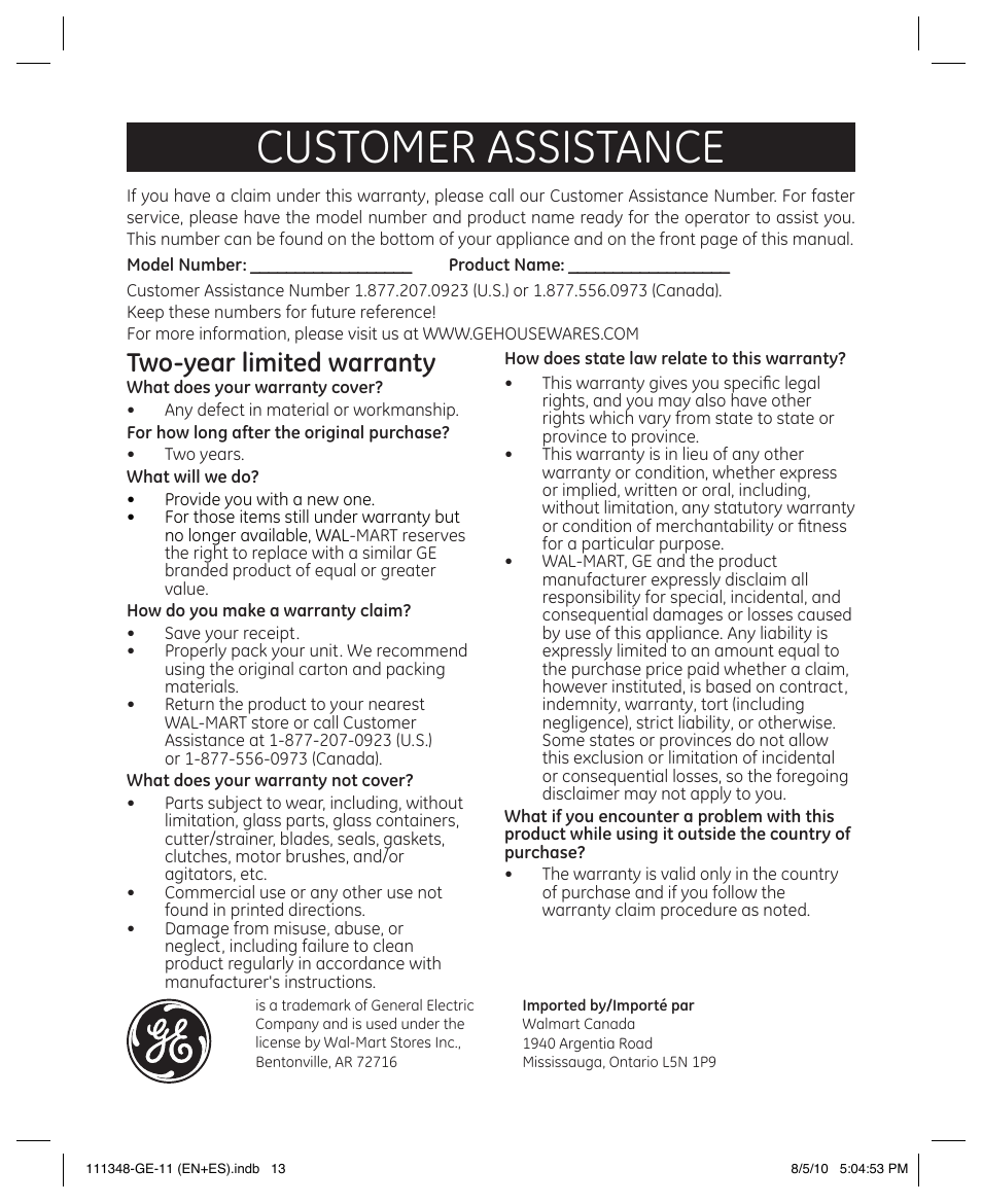 Customer assistance, Two-year limited warranty | GE 898678 User Manual | Page 13 / 13