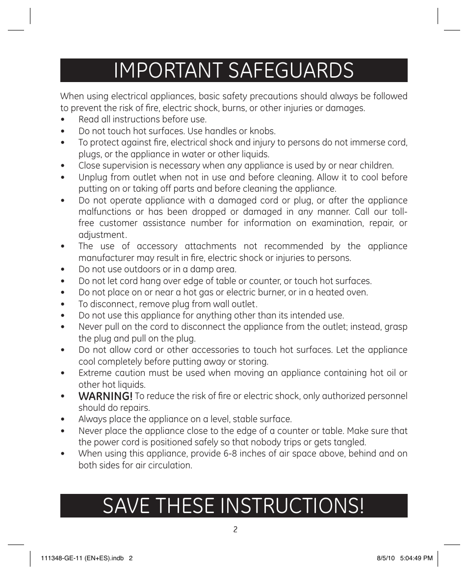 Important safeguards, Save these instructions | GE 898678 User Manual | Page 2 / 13