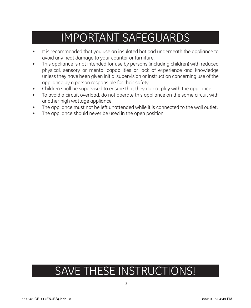 Important safeguards, Save these instructions | GE 898678 User Manual | Page 3 / 13