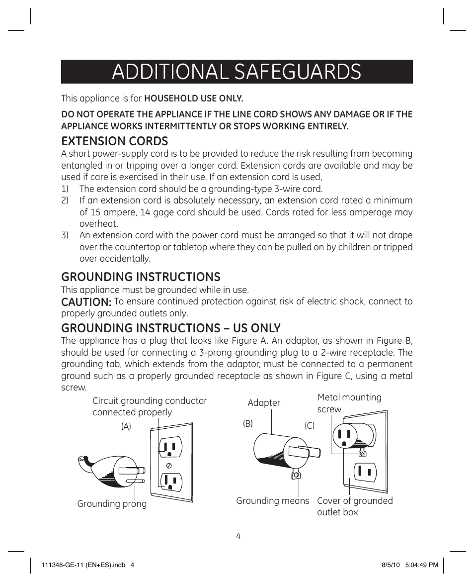 Additional safeguards, Extension cords, Grounding instructions | Grounding instructions – us only | GE 898678 User Manual | Page 4 / 13