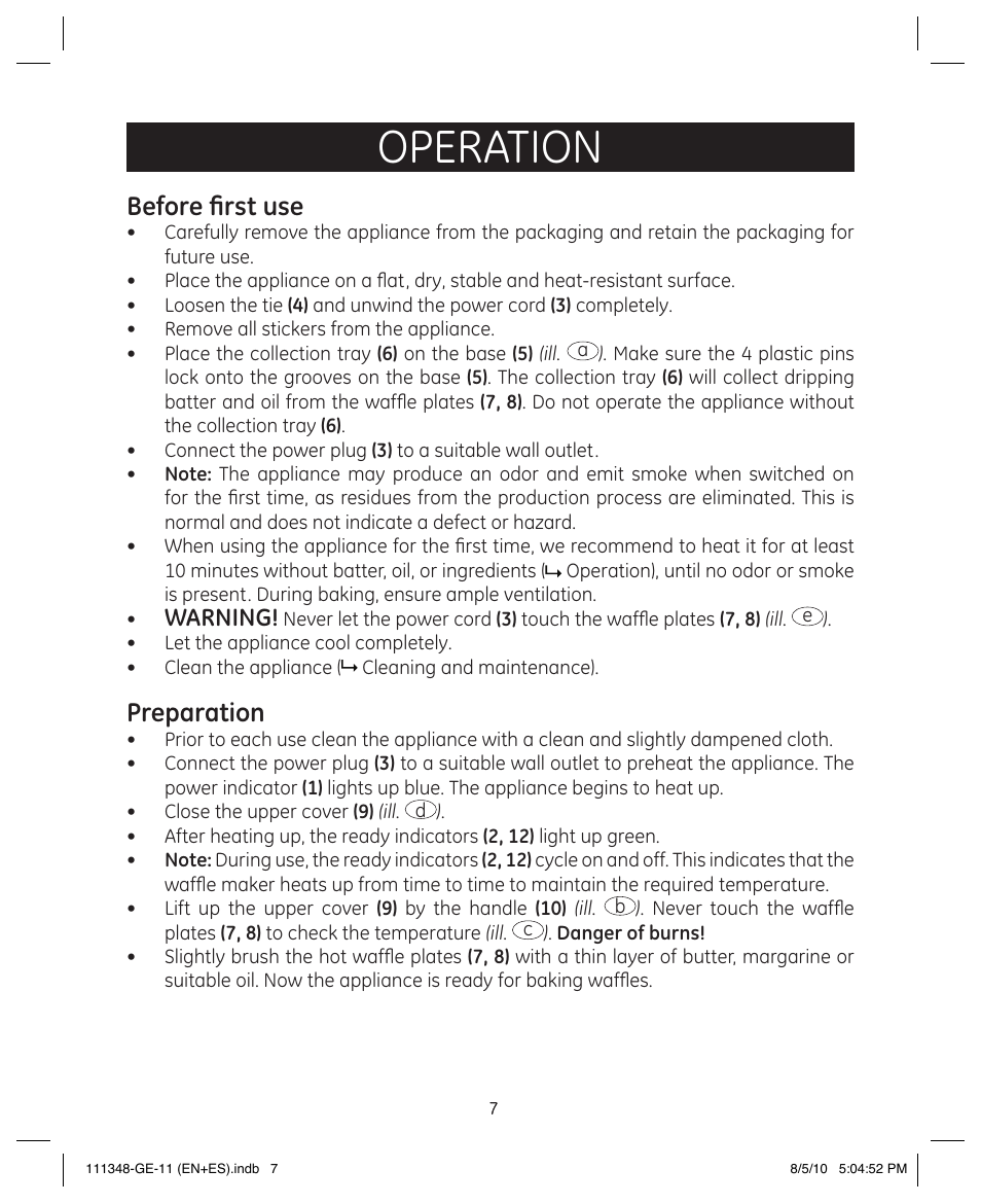 Operation, Before first use, Preparation | Warning | GE 898678 User Manual | Page 7 / 13