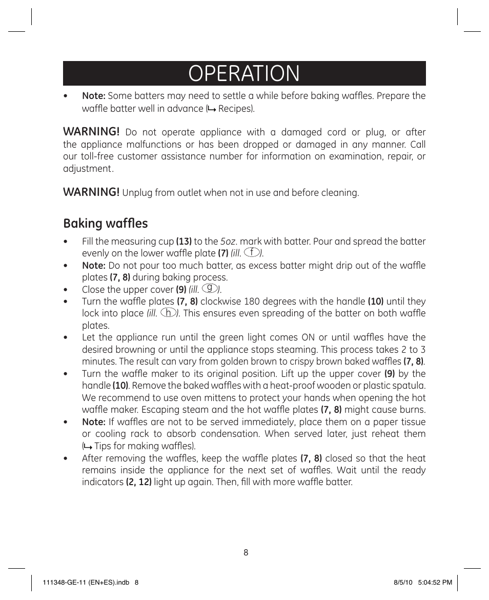 Operation, Baking waffles | GE 898678 User Manual | Page 8 / 13