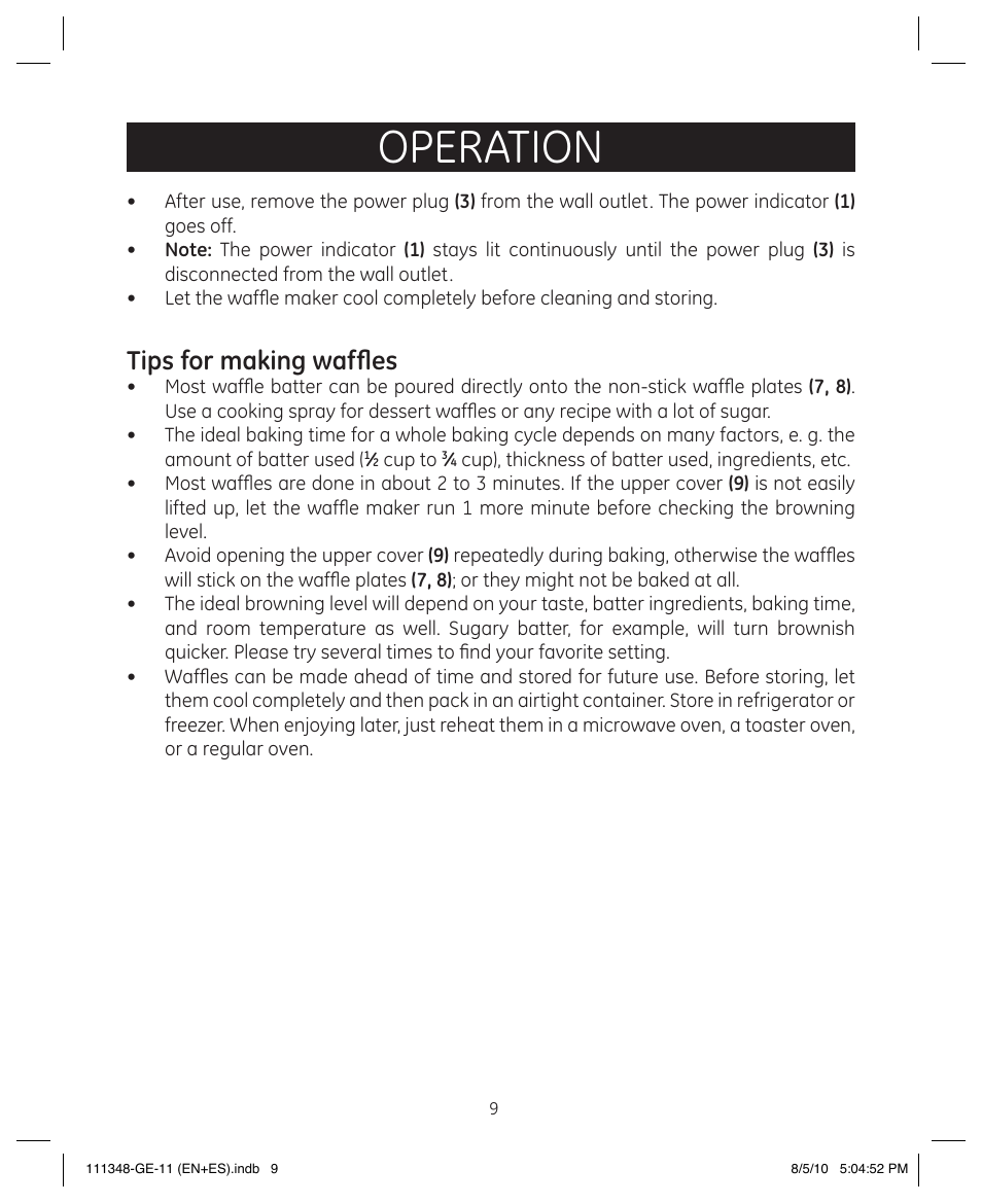 Operation, Tips for making waffles | GE 898678 User Manual | Page 9 / 13