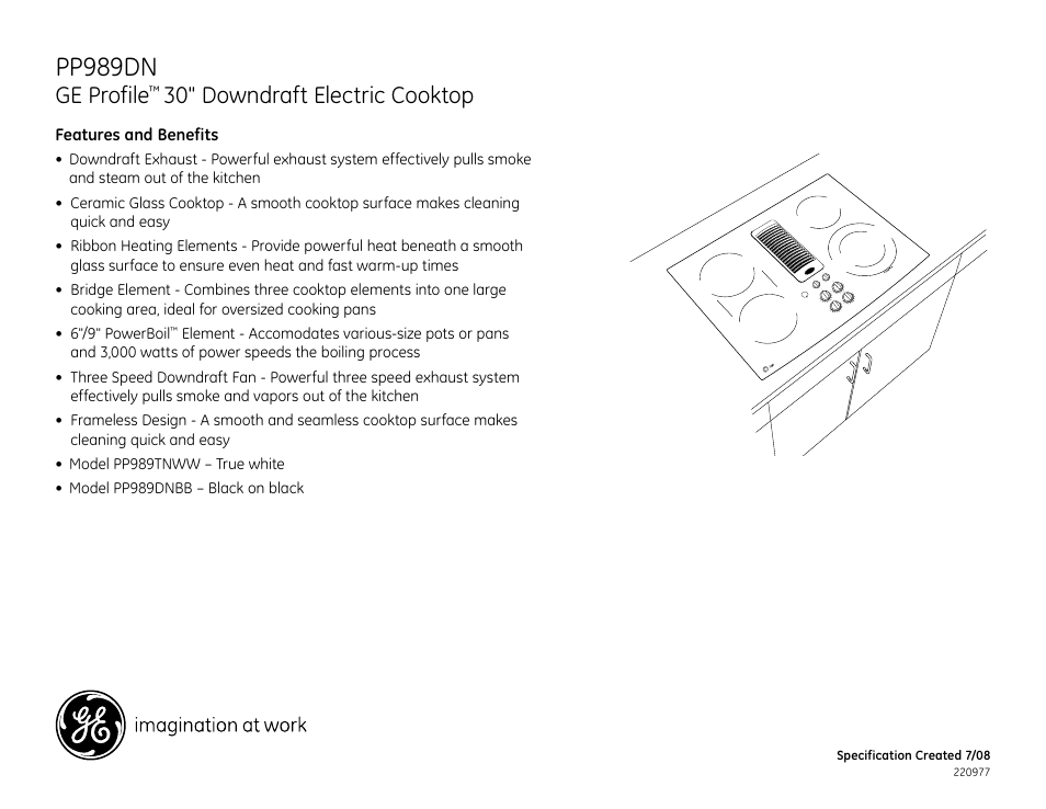 Pp989dn, Ge profile, 30" downdraft electric cooktop | GE Profile PP989DN User Manual | Page 3 / 3